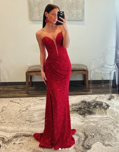 sparkly red lace mermaid prom dresses long for women 2024 side slit tight pleated formal evening party gowns