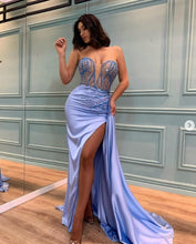 Load image into Gallery viewer, Lavender Sweetheart Corset Illusion Mermaid Prom Dresses Long with Slit beading sequins satin formal evening gowns
