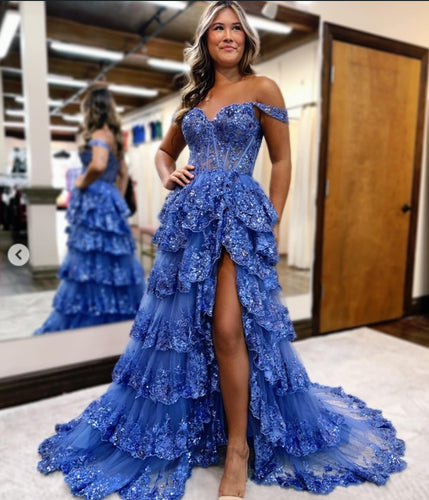 blue off the shoulder illusion corset prom dresses long with slit lace appliques tiered cupcake formal evening party gowns Z002