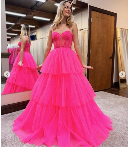 Hot Pink Lace Appliques Prom Dresses Long for Women 2024 Spaghetti Straps Ball Gowns Formal Evening Dresses Party Gowns