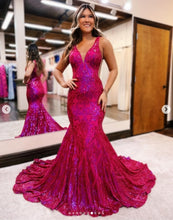 Load image into Gallery viewer, Sparkly Lace Double V Neck Prom Dresses Long for Women 2024 Mermaid Hot Pink Fomral Evening Gowns Party Dresses