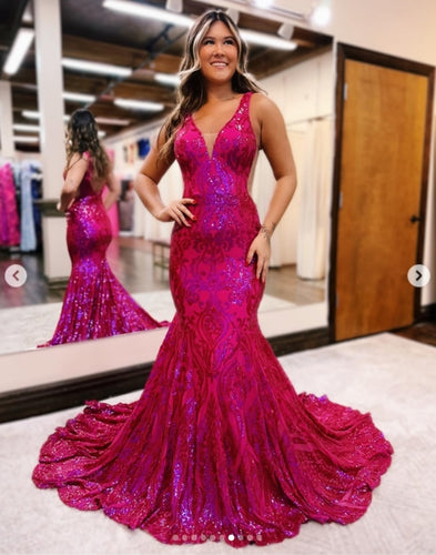 Sparkly Lace Double V Neck Prom Dresses Long for Women 2024 Mermaid Hot Pink Fomral Evening Gowns Party Dresses