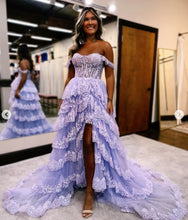 Load image into Gallery viewer, Lilac Off the Shoulder Corset Lace Appliques Prom Dresses Long with Slit Tiered Cupcake Formal Evening Party Ball Gowns Dresses