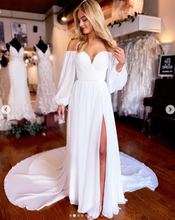 Load image into Gallery viewer, flowy beach wedding dresses chiffon pleated off the shoulder long sleeve a line with slit formal evening party prom dresses