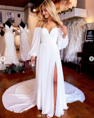 flowy beach wedding dresses chiffon pleated off the shoulder long sleeve a line with slit formal evening party prom dresses