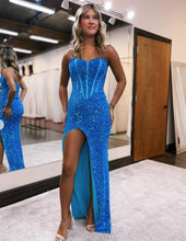 Load image into Gallery viewer, aqua blue mermaid prom dresses strapless corset formal evening dresses long with slit party dresses for women