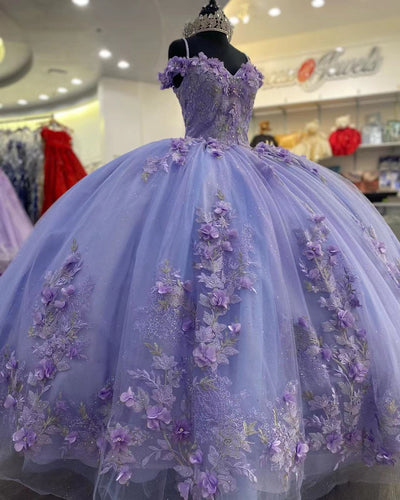 Ball Gown Purple Quinceanera Dresses for Sweet 15 16 Off the Shoulder Sweetheart Neckline Hand Made Flowers 3D Flowers Puffy Ball Gown Prom Dresses