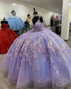 Ball Gown Purple Quinceanera Dresses for Sweet 15 16 Deep V Neck Hand Made Flowers 3D Flowers Puffy Ball Gown Prom Dresses