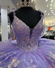 Load image into Gallery viewer, Ball Gown Purple Quinceanera Dresses for Sweet 15 16 Deep V Neck Hand Made Flowers 3D Flowers Puffy Ball Gown Prom Dresses
