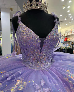 Ball Gown Purple Quinceanera Dresses for Sweet 15 16 Deep V Neck Hand Made Flowers 3D Flowers Puffy Ball Gown Prom Dresses