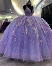 Load image into Gallery viewer, Ball Gown Purple Quinceanera Dresses for Sweet 15 16 Deep V Neck Hand Made Flowers 3D Flowers Puffy Ball Gown Prom Dresses