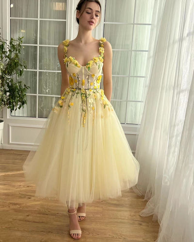 Yellow Lace Appliques Prom Dresses for Women 2024 Hand Made Flowers 3D Tulle A Line Ankle Length Formal Evening Party Gowns