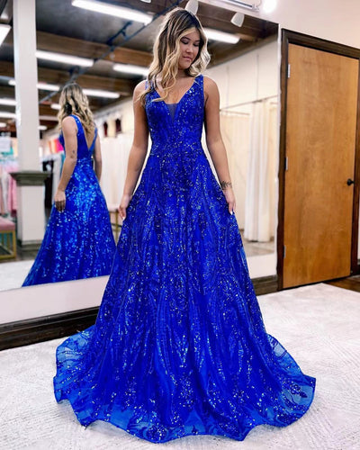 Royal Blue Sparkly Sequins Prom Dresses Long for Women 2025 Deep V Neck Glitter Sequin Formal Evening Dresses Gowns
