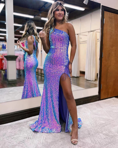 Lilac Sparkly Sequins Prom Dresses Long for Women 2024 with Slit Tassel One Shoulder Evening Dresses Gowns