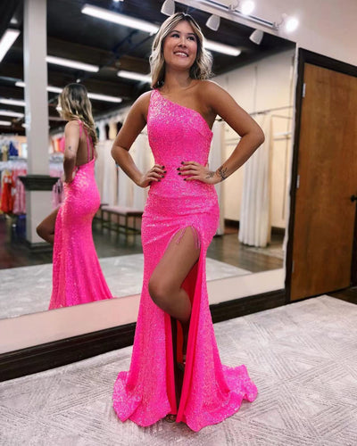 Hot Pink One Shouler Sparkly Sequins Prom Dresses Long for Women 2025 With Slit Tassel Mermaid Formal Evening Gowns