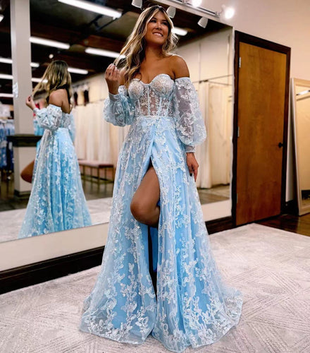 Light Blue Off the Shoulder Prom Dresses Long for Women 2025 with Slit Sweetheart Neckline A Line Lace Appliques Formal Evening Gowns