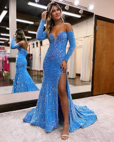 Off the Shoulder Sparkly Sequins Prom Dresses Long for Women 2025 with Slit Long Sleeve Sequined Mermaid Evening Gowns Ocean Blue Formal Party Dresses