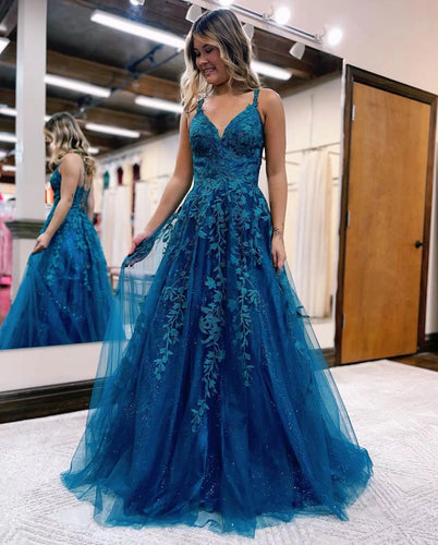 Teal Blue Prom Dresses Long for Women 2024 Lace Appliques V Neck Sparkly Formal Evening Gowns
