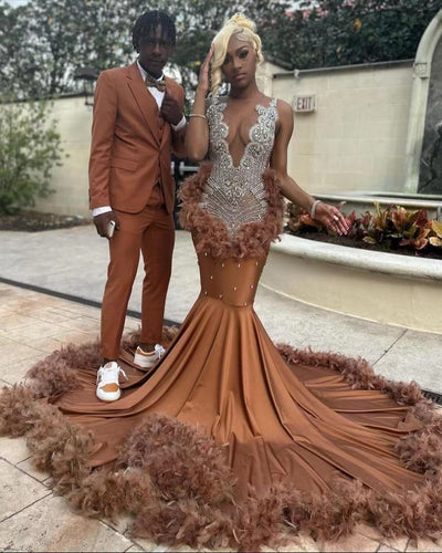 Burnt Orange Crystal Prom Dresses Long with Feather for Women 2025 Mermaid Beaded Sequins Sparkly Evening Gowns Dresses