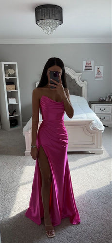 hot pink strapless prom dresses long with slit mermaid satin pleated formal evening party dresses ball gowns