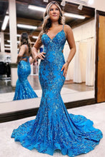 Load image into Gallery viewer, blue mermaid prom dresses sparkly sequins long spaghetti straps formal evening party dresses