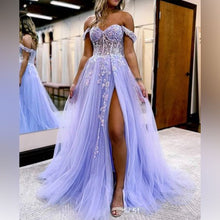 Load image into Gallery viewer, off the shoulder illusion lace appliques corset prom dresses long with slit tulle ball gown formal evening party dresses