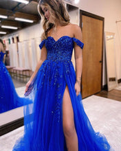 Load image into Gallery viewer, royal blue off the shoulder lace appliques corset prom dresses long side slit tulle sweetheart formal evening party dresses