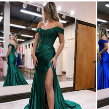 Load image into Gallery viewer, green off the shoulder lace appliques satin corset prom dresses long with slit mermaid formal evening party dresses for women 2024