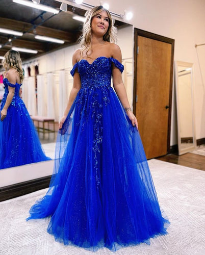 royal blue off the shoulder lace appliques corset prom dresses long side slit tulle sweetheart formal evening party dresses