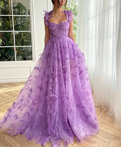 Purple 3D Flowers Prom Dresses Butterfly A Line Sweetheart Formal Evening Dresses Gowns Lace Evening Gowns