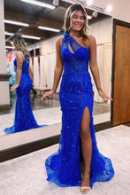 Load image into Gallery viewer, royal blue one shoulder lace appliques flowers prom dresses long with slit sexy tulle formal evening party dresses gowns