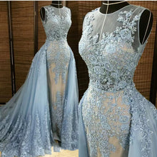 Load image into Gallery viewer, sheer lace detachable prom dresses illusion crew neck blue lace appliques beading sequins evening dresses gowns