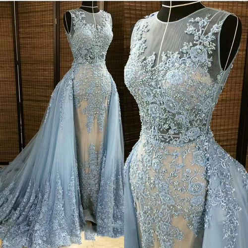 sheer lace detachable prom dresses illusion crew neck blue lace appliques beading sequins evening dresses gowns