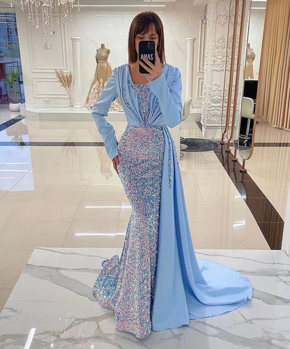 blue sparkly sequins long sleeve prom dresses v neck mermaid pleats evening dresses 2024