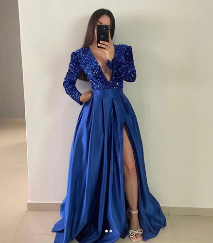 v neck sequins royal blue satin prom dresses with slit long sleeve sparkly evening dresses 2024