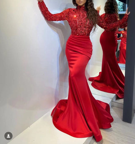 mermaid prom dresses high neck long sleeve red tight evening dresses sparkly sequined formal dress
