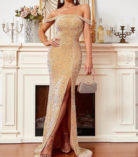 off the shoulder sparkly gold sequined prom dresses mermaid side slit evening dresses long 2024