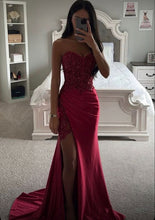 Load image into Gallery viewer, red lace appliques corset mermaid prom dresses long with slit sweetheart pleated long formal evening party dresses ball gowns