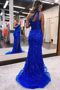 royal blue one shoulder lace appliques flowers prom dresses long with slit sexy tulle formal evening party dresses gowns