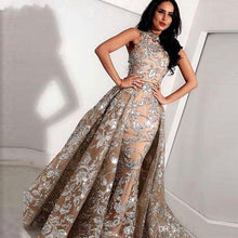 Load image into Gallery viewer, Shining Mermaid Lace Evening Dresses 2020 With Detachable Train Jewel Neck Sequined Prom Gowns Custom Made Plus Size Formal Dress Arabic