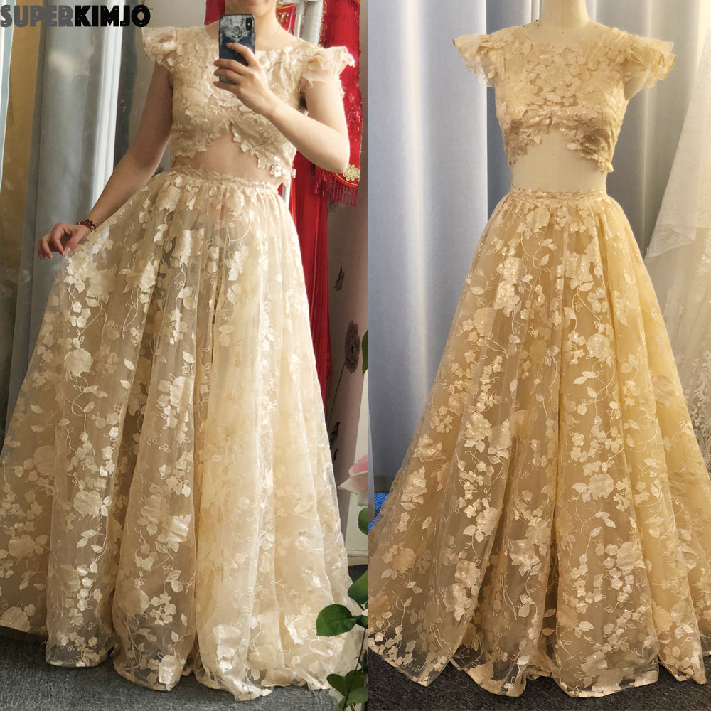 champagne prom dresses 2020 two pieces sheer crew neck cap sleeve lace sequins a line floor length evening dresses formal dresses