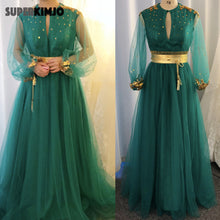 Load image into Gallery viewer, green prom dresses 2020 keyhole lace appliques flowers star long sleeve a line tulle evening dresses vestidos de fiesta