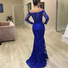 Load image into Gallery viewer, royal blue prom dresses 2020 long sleeve detachable skirt ball gown lace evening dresses arabic formal dresses