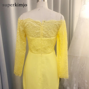 yellow bridesmaid dresses 2020 off the shoulder lace bridesmaid dress long sleeve mermaid chiffon cheap wedding guest dresses