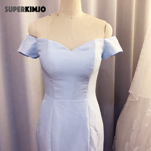 bridesmaid dresses long blue prom dresses 2020 off the shoulder satin mermaid puffy light blue evening dress