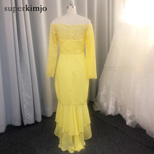 Load image into Gallery viewer, yellow bridesmaid dresses 2020 off the shoulder lace bridesmaid dress long sleeve mermaid chiffon cheap wedding guest dresses