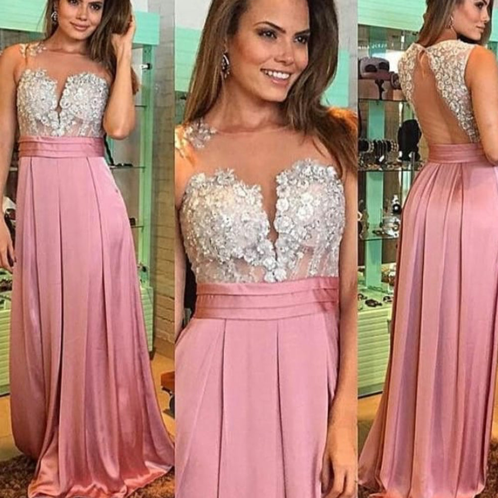 pink lace prom dresses 2020 lace appliques sheer crew neckline vestidos de fiesta formal dreses
