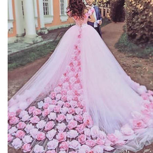 pink prom dresses 2020 hand made flowers 3d flowers ball gown puffy flowers evening dresses party dresses