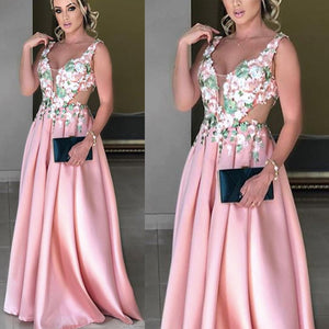 pink prom dresses 2020 v neck lace appliques satin a line floor length evening dresses formal dresses