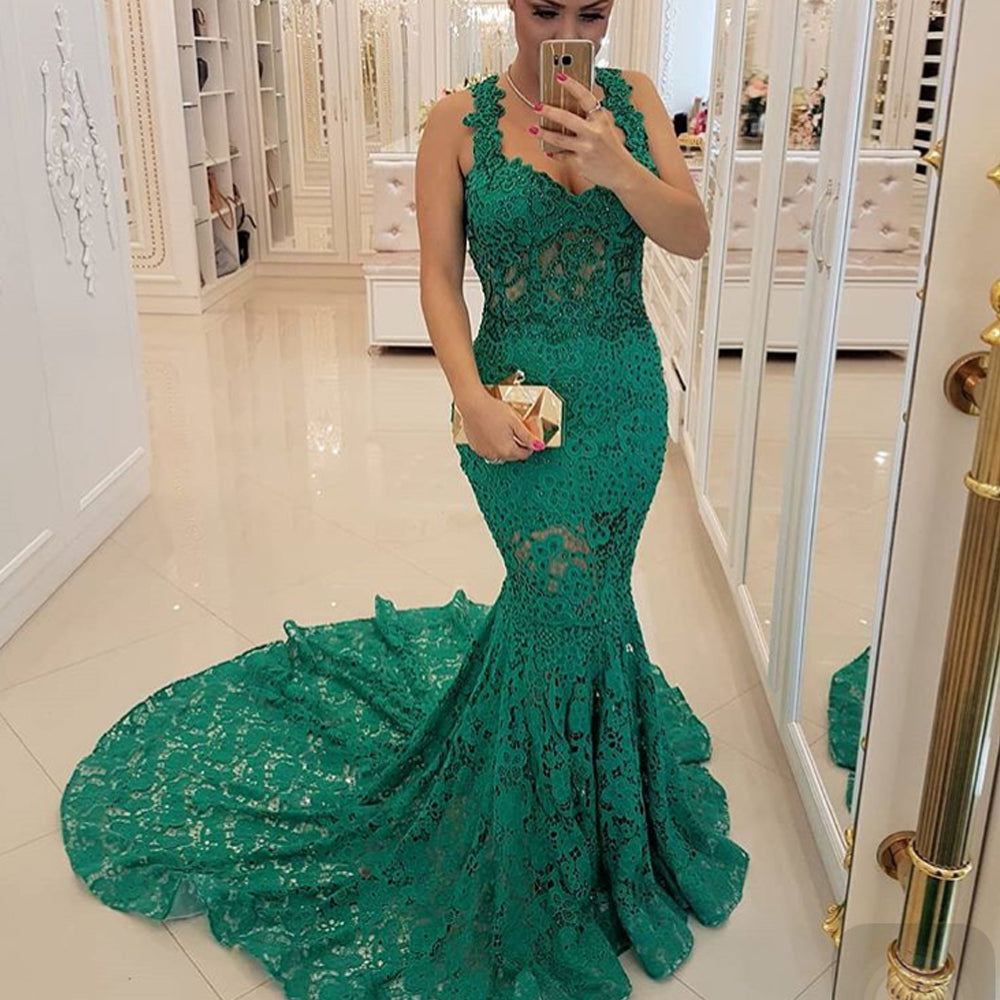green prom dresses 2020 sweetheart neckline mermaid court train lace evening dresses gowns